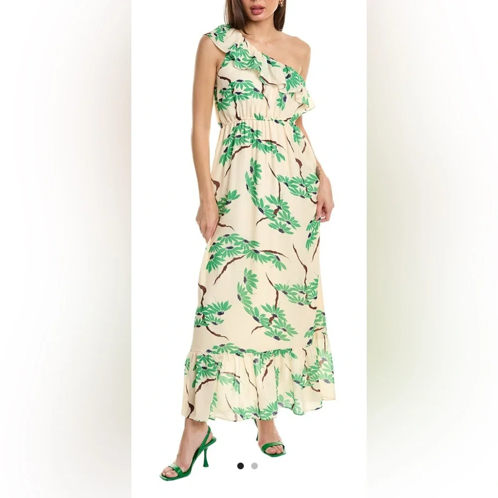 FLORA BEA BANKS DRESS- Elegant One-Shoulder Green Leaf Print Dress NWT